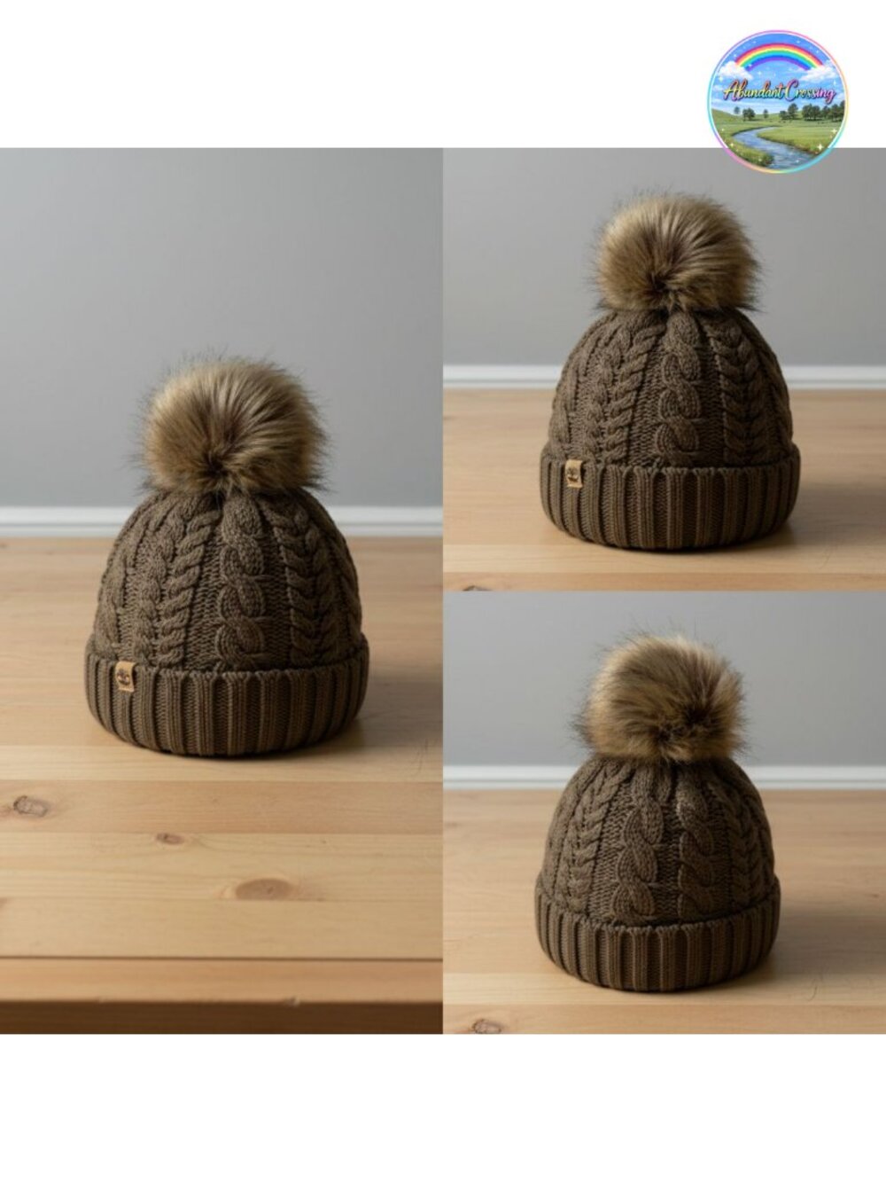Cable Knit Faux Fur Pom Beanie Women Soft Lined Winter Hat